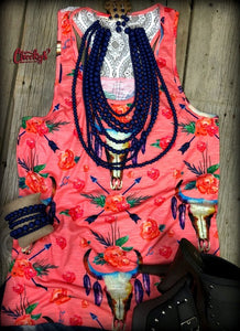 Boho Bull, Lace back Tank in Peach