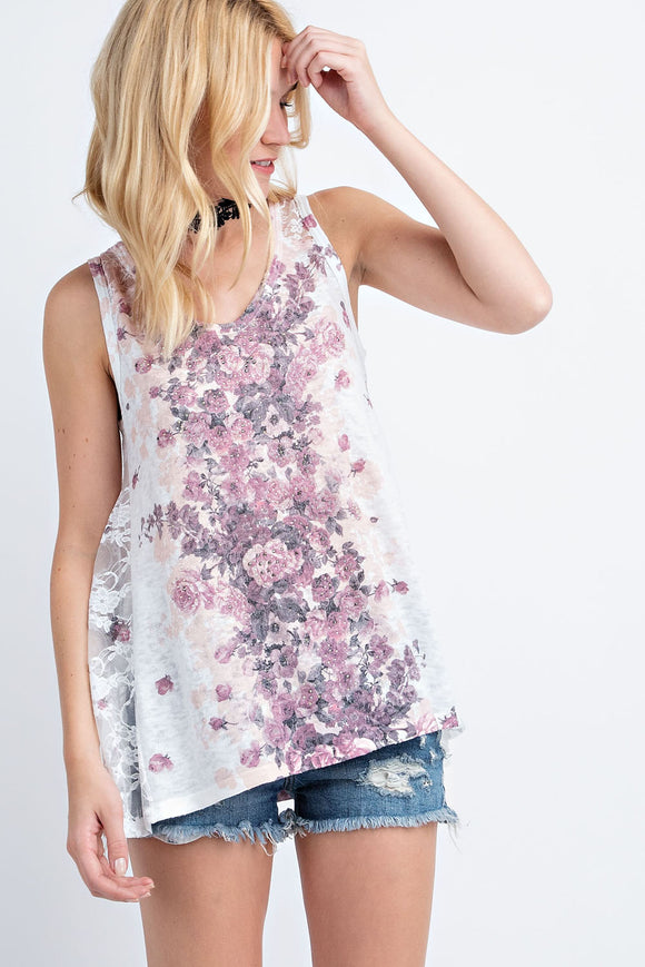 Vocal Pink White Lace Flower Tank