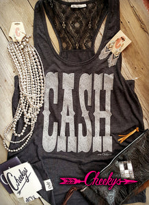 Cash Vintage Black Lace Back Tank with Silver Shimmer Print