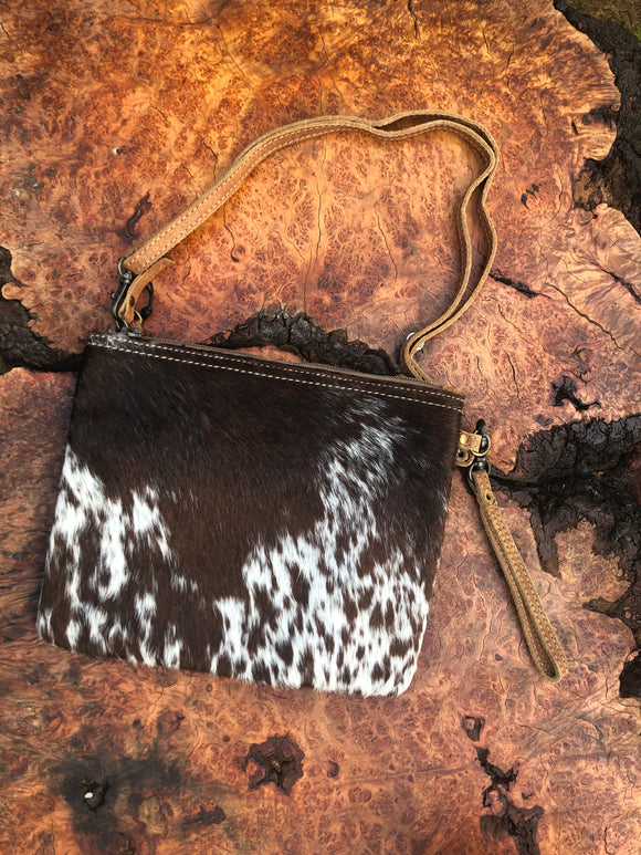 Myra White & Brown Cowhide Wristlet Bag